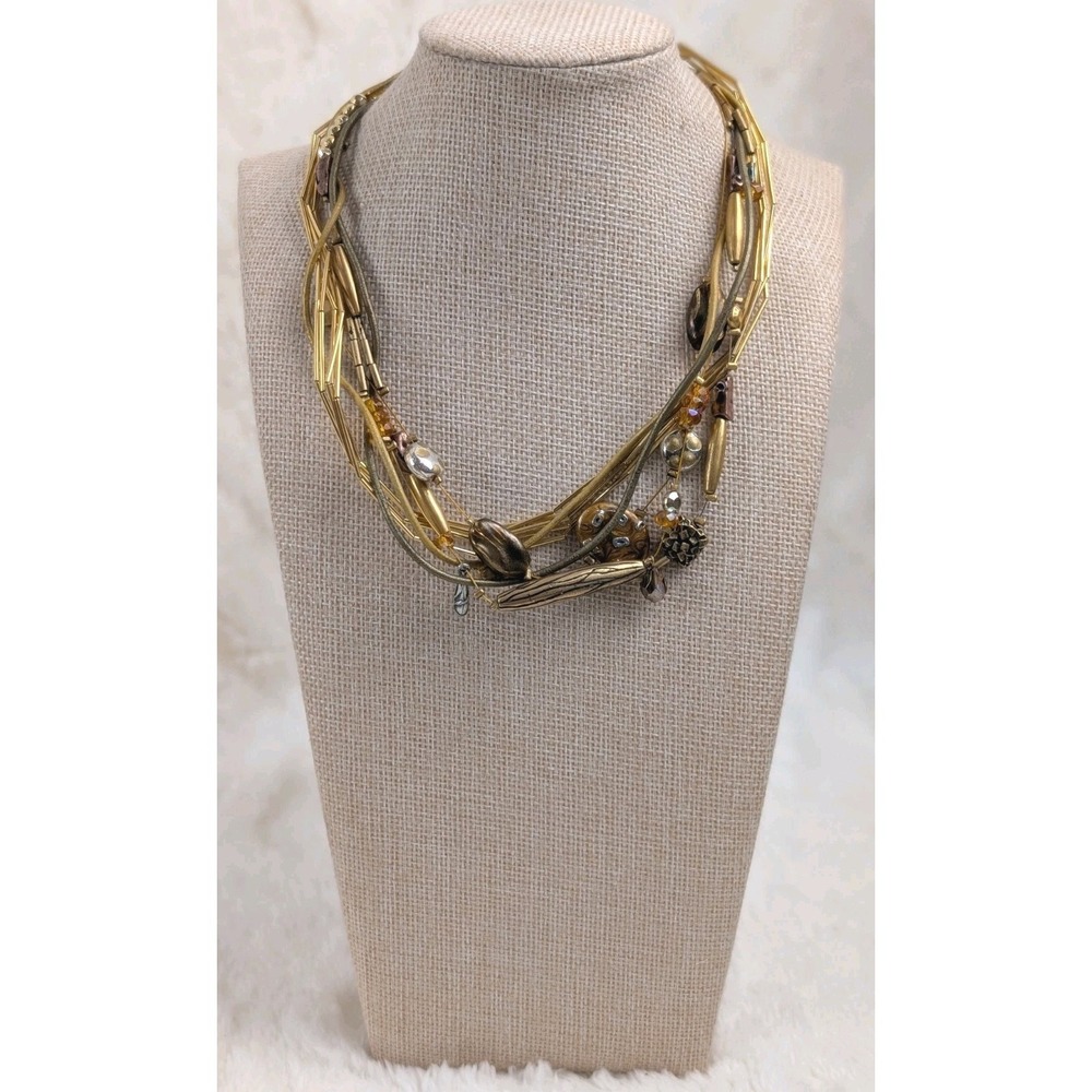 Chico's Multi Strand Statement Necklace Gold Tone Beaded Layered